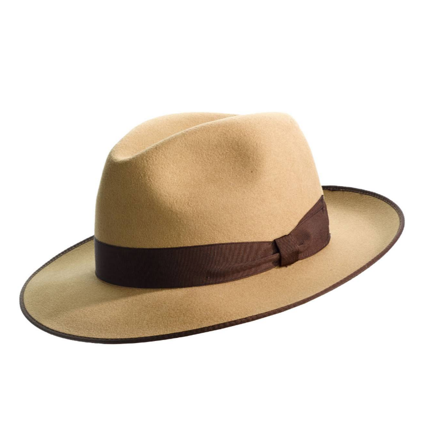 Beige fedora hat, brown band, plain white background