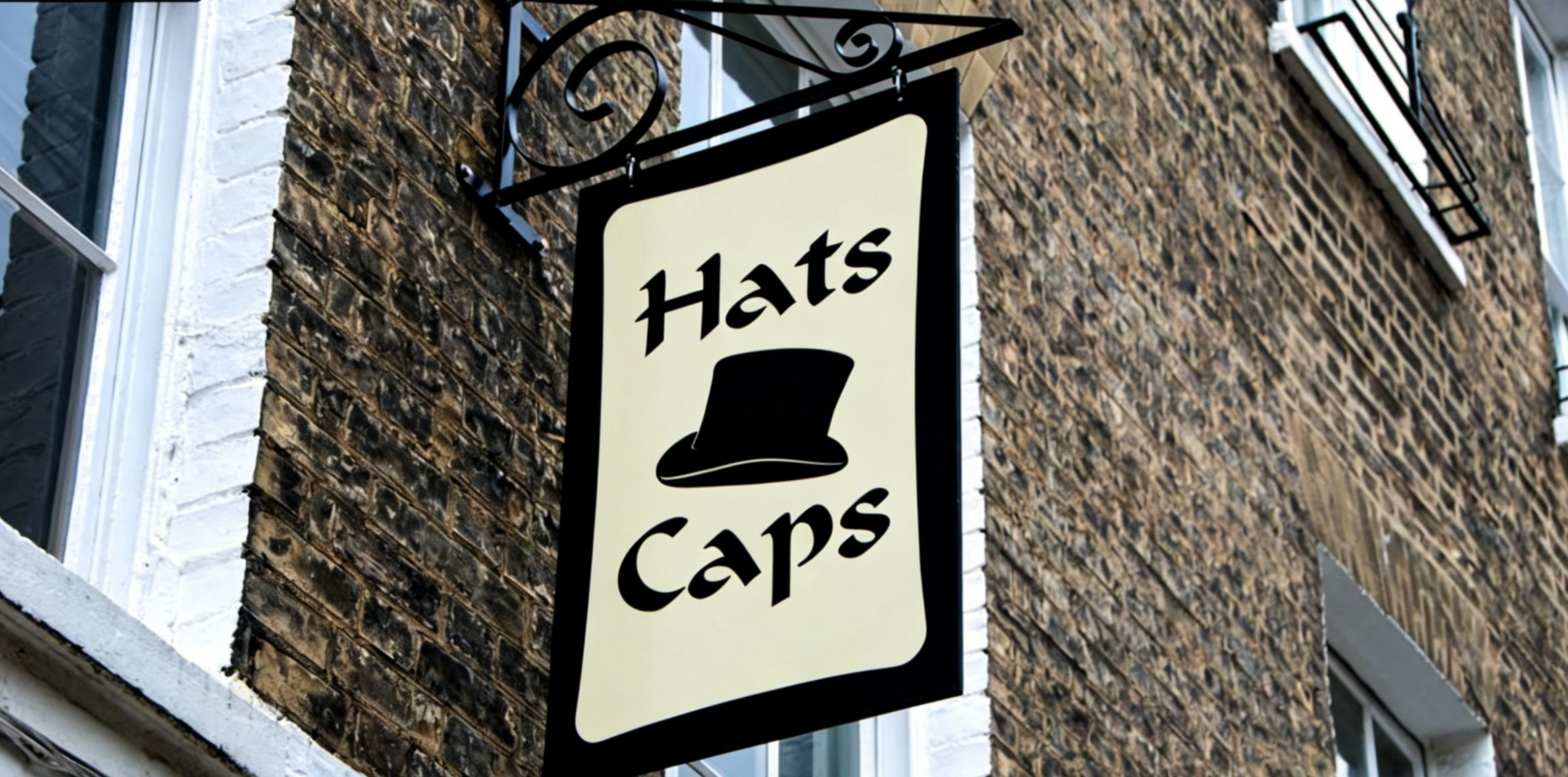 Hats Caps store sign on brick building